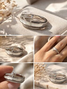 925 Sterling Silver Enamel & CZ Band Ring Size 6.5, Elegant Stackable Ring